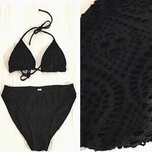 Crochet Eyelet Lace Bikini Sz L BLACK Triangle Bathing Suit Spaghetti Straps NEW